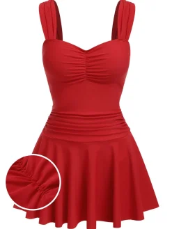 New Retro Stage [US Warehouse] 1950s Pleated Solid One-Piece Swimsuit Red