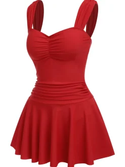 New Retro Stage [US Warehouse] 1950s Pleated Solid One-Piece Swimsuit Red