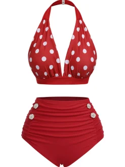 Outlet Retro Stage [US Warehouse] Red 1950s Polka Dot Halter Separate Swimsuit