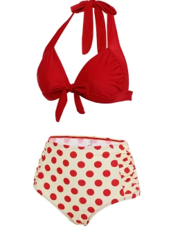 Clearance Retro Stage [US Warehouse] 1950s Polka Dots Halter Bikini Set Red