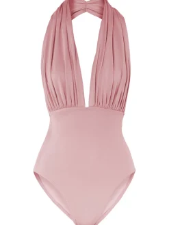 Fashion Retro Stage [US Warehouse] Red 1930s Retro Halter Solid One-piece Swimsuit