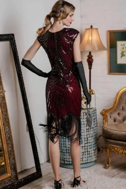 Clearance Retro Stage [US Warehouse] Red 1920s Sequin Beaded Fringed Dress