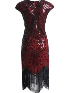 Clearance Retro Stage [US Warehouse] Red 1920s Sequin Beaded Fringed Dress