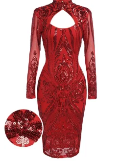 New Retro Stage [US Warehouse] 1920s Sequined Keyhole Dress Red