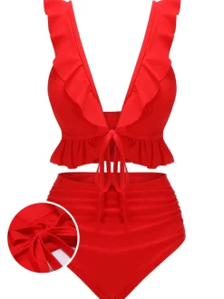 Hot Retro Stage [US Warehouse] 1950s Solid Ruffled V-neck Straps Swimsuit Red