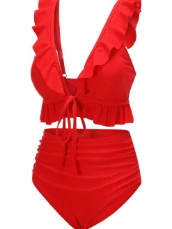 Hot Retro Stage [US Warehouse] 1950s Solid Ruffled V-neck Straps Swimsuit Red