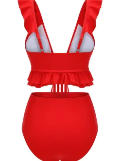 Hot Retro Stage [US Warehouse] 1950s Solid Ruffled V-neck Straps Swimsuit Red