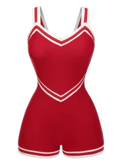 Hot Retro Stage [US Warehouse] 1940s Solid Patchwork V-Neck Swimsuit Red
