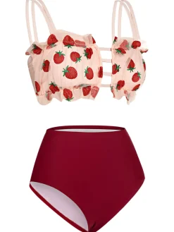 Hot Retro Stage [US Warehouse] 1940s Strawberry Mesh Strap Swimsuit Red
