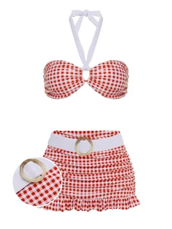 Discount Retro Stage [US Warehouse] Retro 1940s Plaid Halter Bikini Set Red