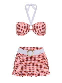 Discount Retro Stage [US Warehouse] Retro 1940s Plaid Halter Bikini Set Red