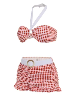Discount Retro Stage [US Warehouse] Retro 1940s Plaid Halter Bikini Set Red