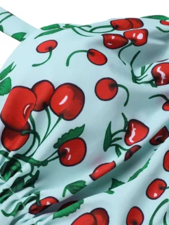 Sale Retro Stage [US Warehouse] Retro 1950s Cherry Summer Halter Swimsuit Light Green