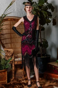 Sale Retro Stage [US Warehouse] 1920s Flapper Sequin Dress Rose Red
