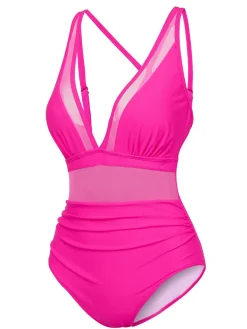 Discount Retro Stage [US Warehouse] 1950s Solid Sheer Patchwork Swimsuit Rose Red