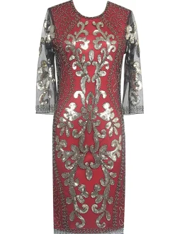 Online Retro Stage [US Warehouse] 1920s 3/4 Sleeve Mesh Sequin Gatsby Dress Red