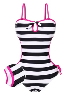 Hot Retro Stage [US Warehouse] 1960s Barbie Striped Hollow Bow Swimsuit Black