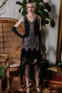 Sale Retro Stage [US Warehouse] 1920s Beaded Fringed Flapper Dress