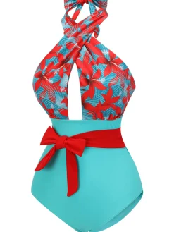 Best Retro Stage [US Warehouse] 1950s Bow Tie Floral Cross Straps Swimsuit