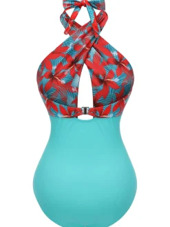 Best Retro Stage [US Warehouse] 1950s Bow Tie Floral Cross Straps Swimsuit