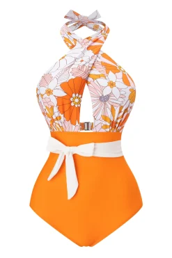 Best Retro Stage [US Warehouse] 1950s Bow Tie Floral Cross Straps Swimsuit