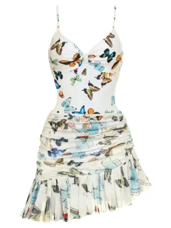 Outlet Retro Stage [US Warehouse] 1960s Butterflies Strap One-piece Swimsuit & Cover-up Skirt White