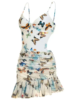 Outlet Retro Stage [US Warehouse] 1960s Butterflies Strap One-piece Swimsuit & Cover-up Skirt White