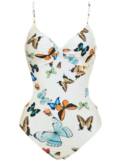 Outlet Retro Stage [US Warehouse] 1960s Butterflies Strap One-piece Swimsuit & Cover-up Skirt White