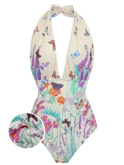 Clearance Retro Stage [US Warehouse] 1960s Butterfly Halter One-Piece Bikini Set As Picture