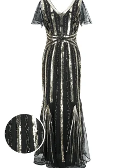 Fashion Retro Stage [US Warehouse] 1920s Cap Sleeve Sequined Embellished Dress Black