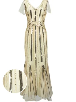Best Retro Stage [US Warehouse] 1920s Cap Sleeve Sequined Embellished Dress Beige