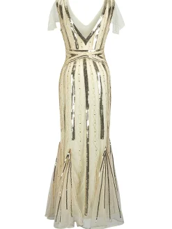 Best Retro Stage [US Warehouse] 1920s Cap Sleeve Sequined Embellished Dress Beige