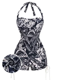 Discount Retro Stage [US Warehouse] 1940s Dark Comics Halter Swimsuit Black