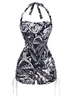 Discount Retro Stage [US Warehouse] 1940s Dark Comics Halter Swimsuit Black