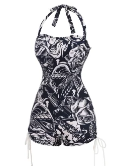 Discount Retro Stage [US Warehouse] 1940s Dark Comics Halter Swimsuit Black