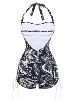 Discount Retro Stage [US Warehouse] 1940s Dark Comics Halter Swimsuit Black