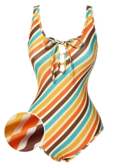 Discount Retro Stage [US Warehouse] 1960s Diagonal Stripe Cutout One-Piece Swimsuit Multicolor