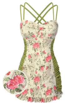 Online Retro Stage [US Warehouse] 1940s Double Strap Pleated Roses One-Piece Swimsuit Multicolor