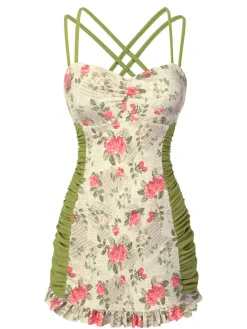 Online Retro Stage [US Warehouse] 1940s Double Strap Pleated Roses One-Piece Swimsuit Multicolor