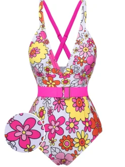 Clearance Retro Stage [US Warehouse] 1960s Flowers Back-Cross Strap Belt Swimsuit Multicolor