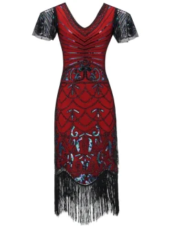 Outlet Retro Stage [US Warehouse] 1920s Fringed Flapper Gatsby Dress Wine Red