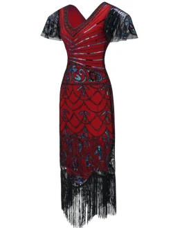Outlet Retro Stage [US Warehouse] 1920s Fringed Flapper Gatsby Dress Wine Red
