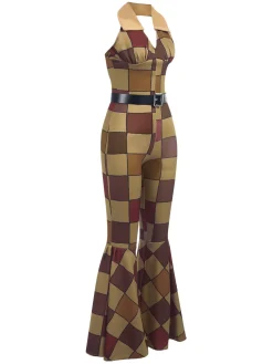 Best Retro Stage [US Warehouse] 1970s Geometric Pattern Patchwork Halter Jumpsuit Brown