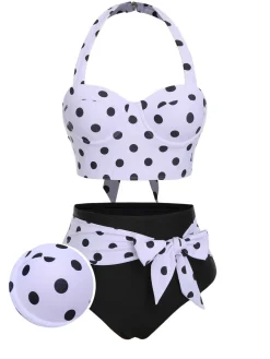 Sale Retro Stage [US Warehouse] 1950s Halter Contrast Polka Dots Swimsuit Black & White