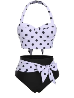 Sale Retro Stage [US Warehouse] 1950s Halter Contrast Polka Dots Swimsuit Black & White
