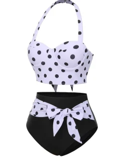 Sale Retro Stage [US Warehouse] 1950s Halter Contrast Polka Dots Swimsuit Black & White