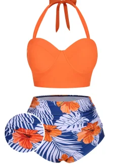 Clearance Retro Stage [US Warehouse] 1940s Halter Flowers Pleated Bikini Set Orange