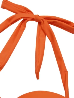 Clearance Retro Stage [US Warehouse] 1940s Halter Flowers Pleated Bikini Set Orange