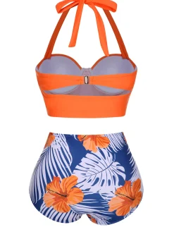 Clearance Retro Stage [US Warehouse] 1940s Halter Flowers Pleated Bikini Set Orange