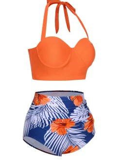 Clearance Retro Stage [US Warehouse] 1940s Halter Flowers Pleated Bikini Set Orange